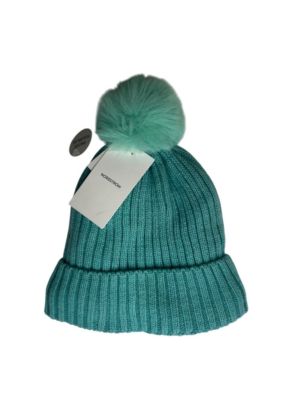 Nordstrom Green Pastel Faux Fur Beanie Hat Pom-Pom Knit Size OS New